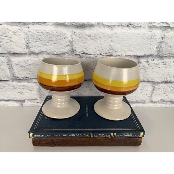4 MCM Handmade Goblets Handpainted one pair made in Korea Yellow Red Brown - Picture 3 of 10